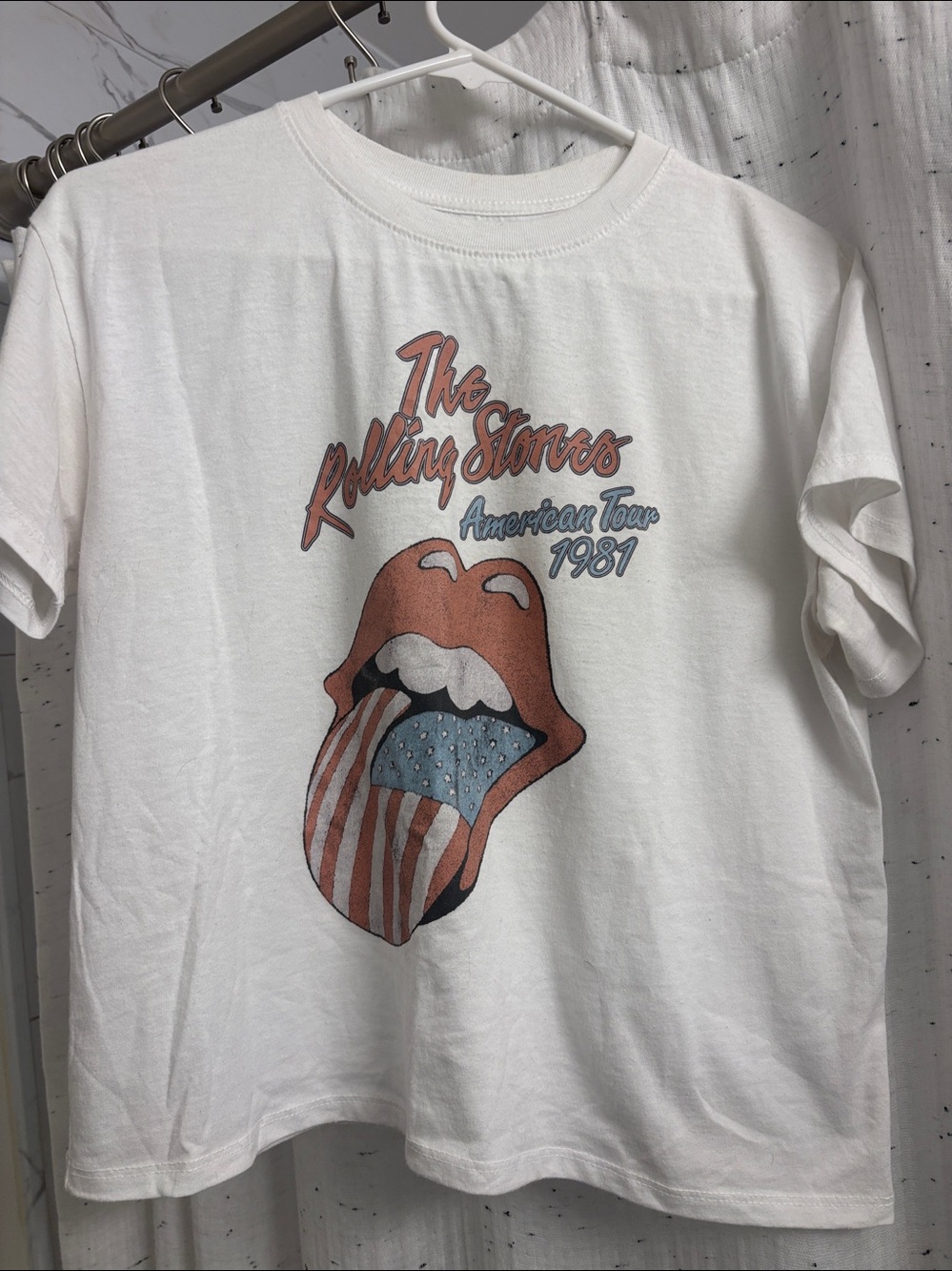 the Rolling Stones White Tee with Red and Blue Graphic
